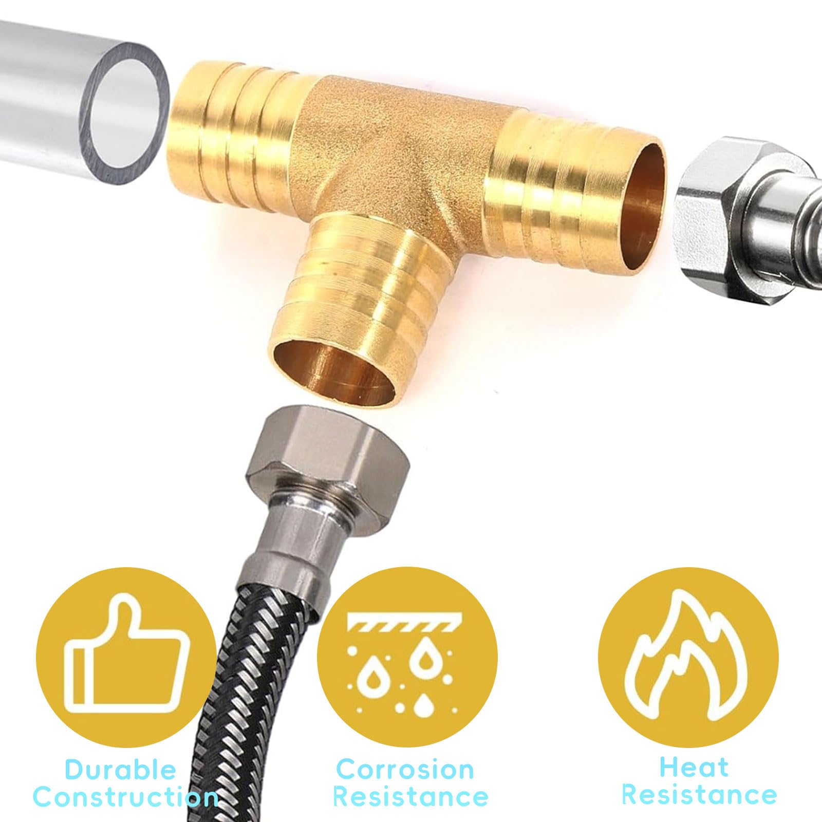 2 tubi in ottone a 3 vie, 19 mm, in ottone di alta qualità per collegamento dell'acqua, tubo da giardino e tubi dell'olio, facile da montare, senza attrezzi, compatibile con tubi da 3/4