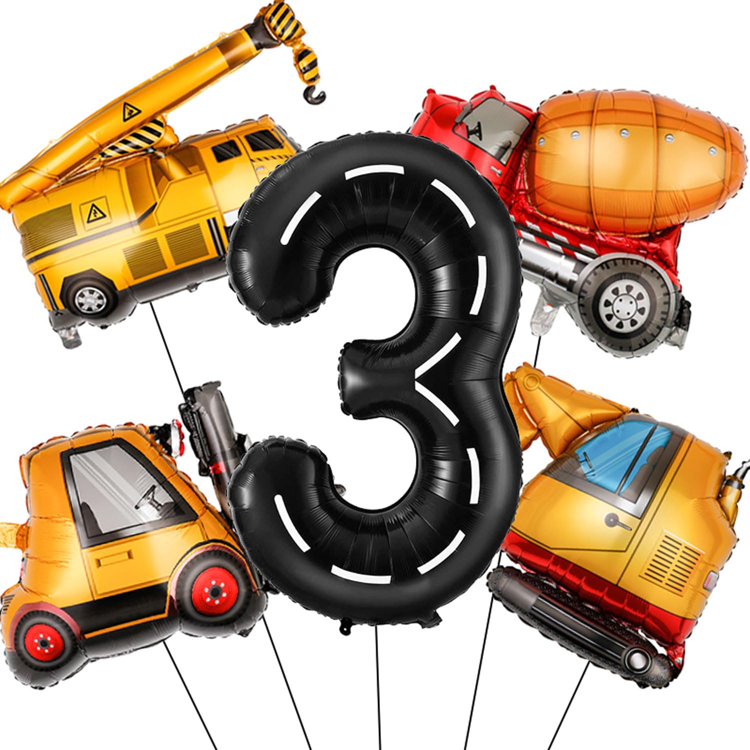 Construction Birthday Decorations 3 Year Old, Large Construction Balloons 40Inch Racetrack Black Number 3 Balloons Construction Truck Foil Balloons