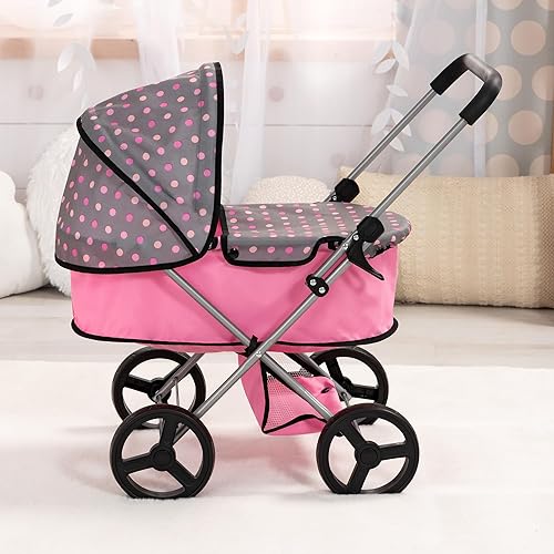 Miniatura 5 de Bayer Diseño Cochecito de muñeca Go - Rosa-Gris-Lunares - Funda para capazo, cesta de la compra, juguete plegable, accesorio para cochecito de juego