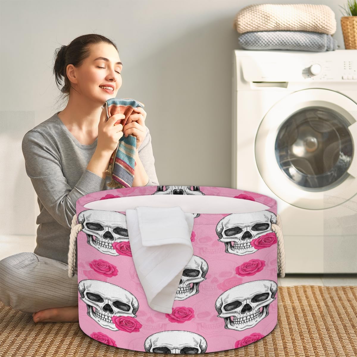 Large Storage Baskets - Skull Roses Nursery Round Collapsible Organizer Bin Box, Laundry Hamper for Kids Toys, Blanket, Bedroom Living Room Home Decor, Gift Basket, 19.4"x13.3"