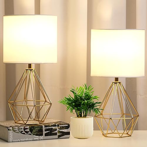 Juego de 2 lámparas de mesa pequeñas doradas, lámparas de mesita de noche con pantalla de tela blanca, base de metal, lámpara de escritorio, moderna