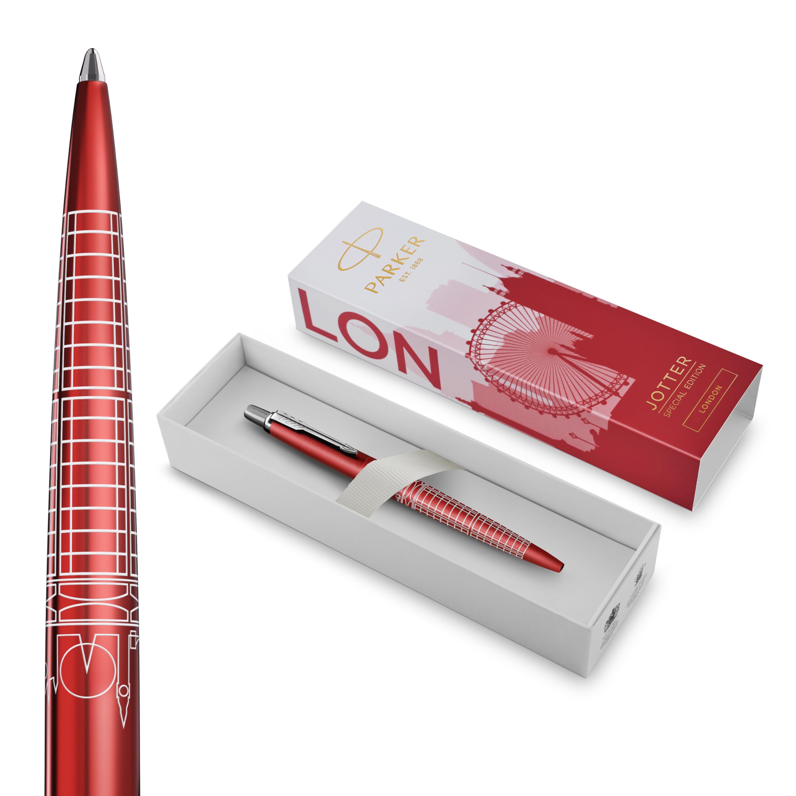 Penna a sfera Parker Jotter | Edizione speciale | London Red con puntale cromato | Punta media | Inchiostro blu | Confezione regalo