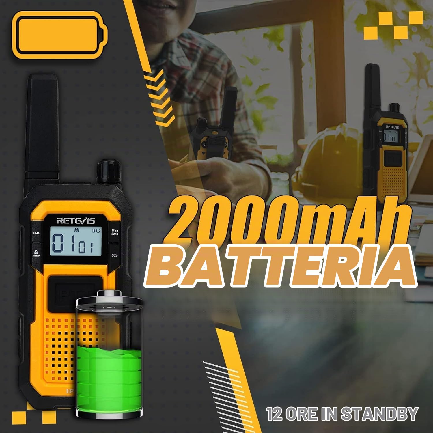 Retevis RB648 Walkie Talkie Con Microfono, Radio Bidirezionale | Impermeabile IP67, Doppio PTT, 2000mAh, Walkie Talkie di Emergenza per Adulti per Cantieri (2 Pezzi)
