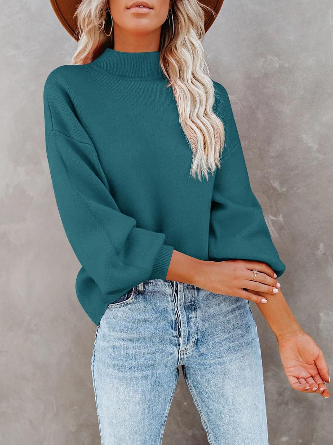 Turtleneck Oversized Sweaters for Women Batwing Long Sleeve Fall Ribbed Knit Pullover Casual Sweater Tunic Tops - Blue M - Image 3