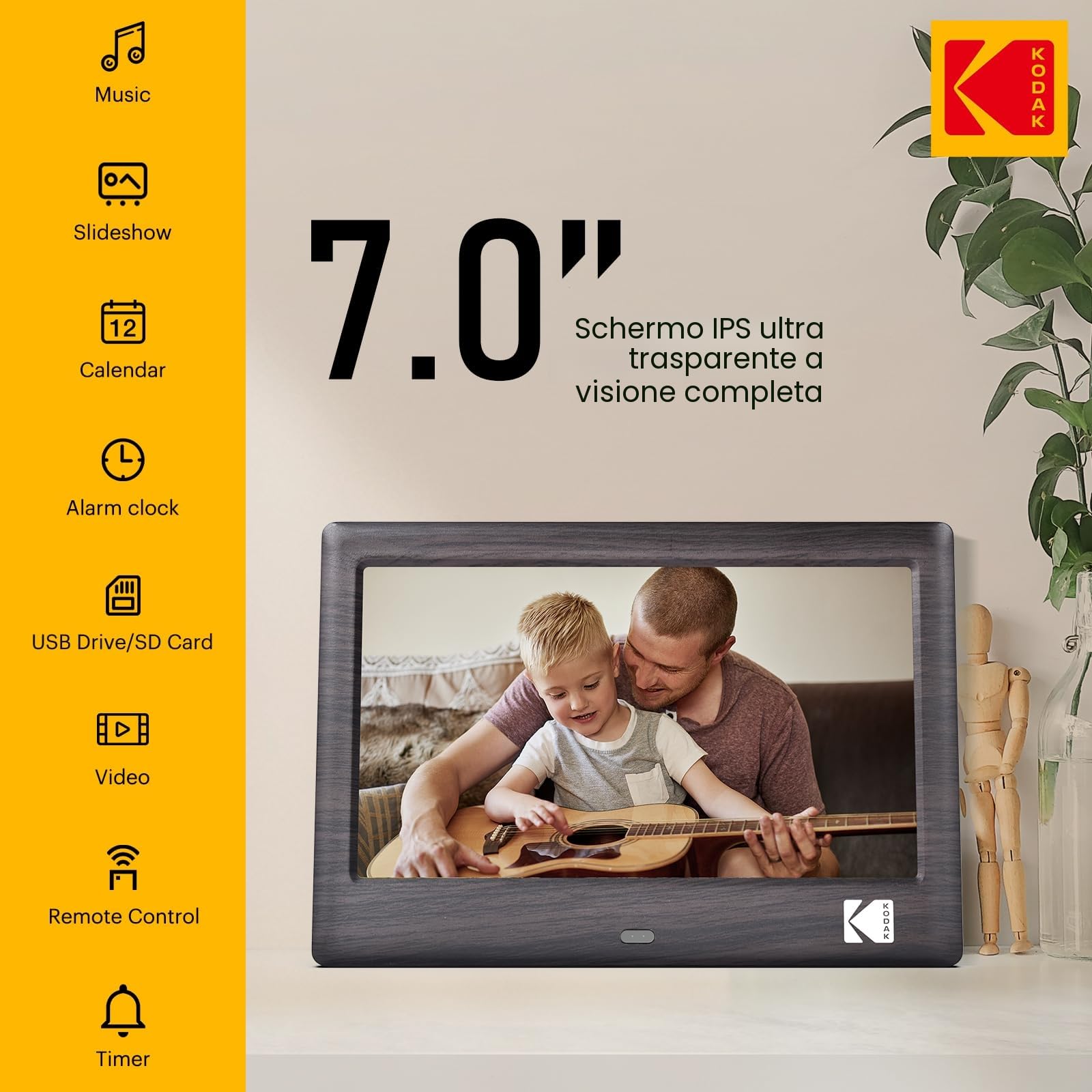 KODAK 7 pollici Cornice Digitale, cornice elettronica, schermo IPS, foto/musica/lettore video, calendario/allarme, supporto USB o scheda SD, rotazione automatica, con telecomando