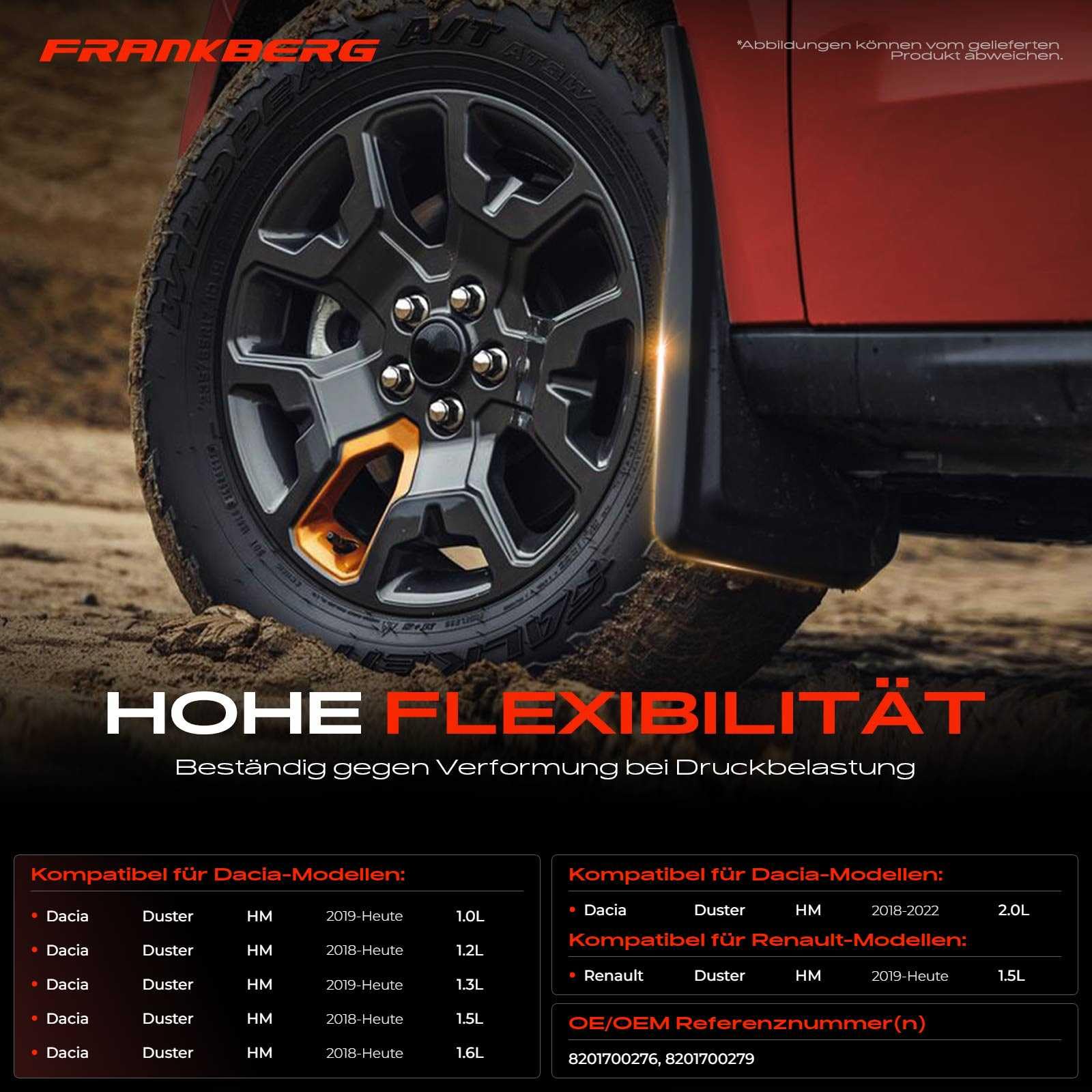 Frankberg 4x Parafanghi per auto Anteriore/Posteriore sinistra e destra Compatibile con Duster HM 1.3 TCe 130 1.6 SCe 115 1.3 TCe 150 1.3 TCe 150 4x4 1.2 TCe 125 1.5 dCi 115 1.5 dCi 115 4x4 2018-2025