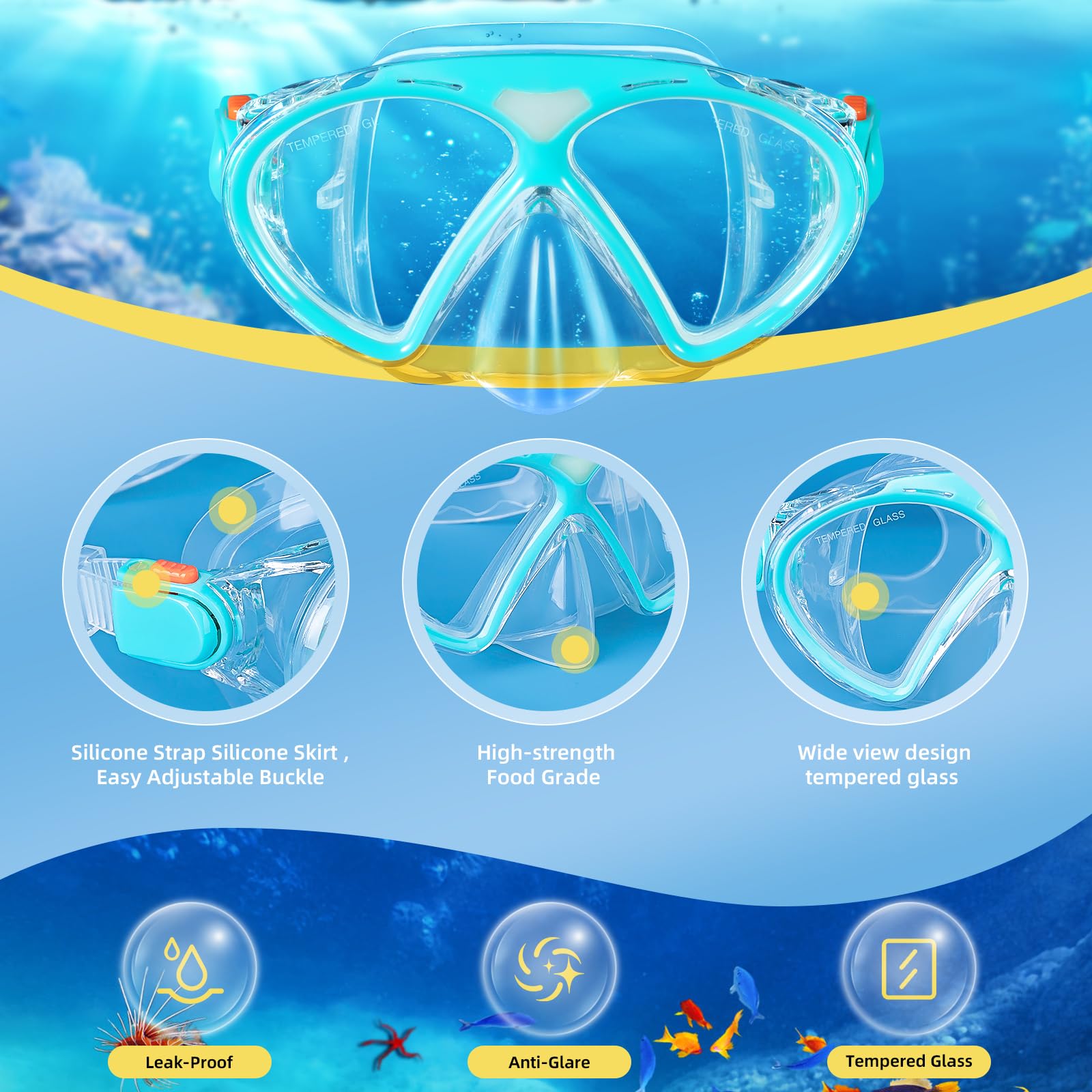 Set da Snorkeling per Bambini con boccaglio e Maschera Subacquea,Maschera Subacquea Bambini,Anti-Fog,Anti-Perdita,Vetro temperato,Panoramica a 180°,boccaglio a Secco e Anti-Perdita