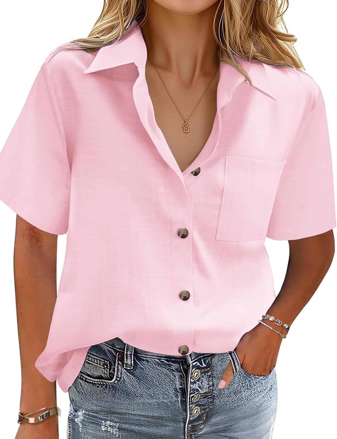 HOTOUCH Cotton Linen Button Down Shirt for Women V Neck Collared Blouse Casual Short Sleeve Tops with Pocket