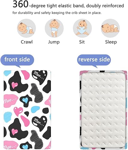 Miniatura 5 de Sábanas bajeras ajustables con temática de vaca, sábanas portátiles para cuna de niño pequeño, sábanas para cuna de bebé para niña o niño, 38 x 24