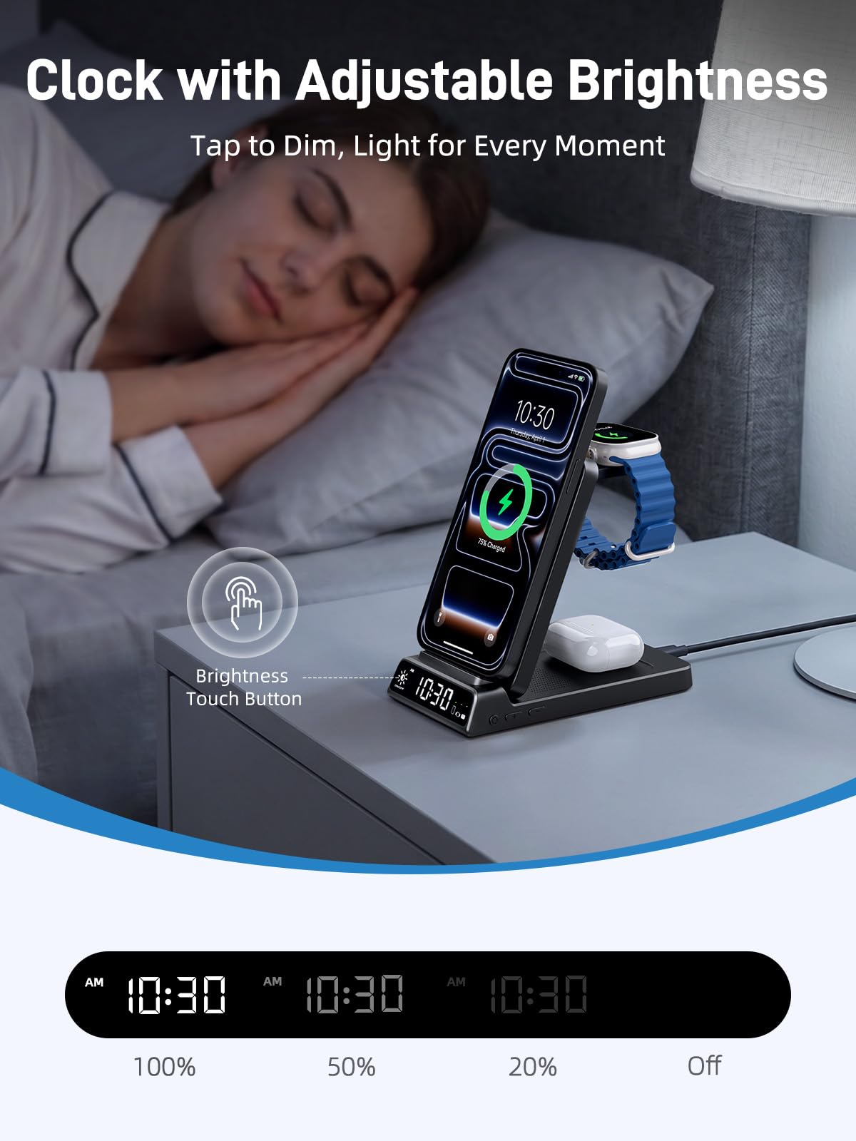 Chargeur sans Fil pour Apple, Station de Charge magnétique 3 en 1 avec Horloge, Support de Charge sans Fil de Voyage Pliable pour iPhone 17/16/15, Chargeur de Montre pour iWatch 10 (Fibre de Carbone)