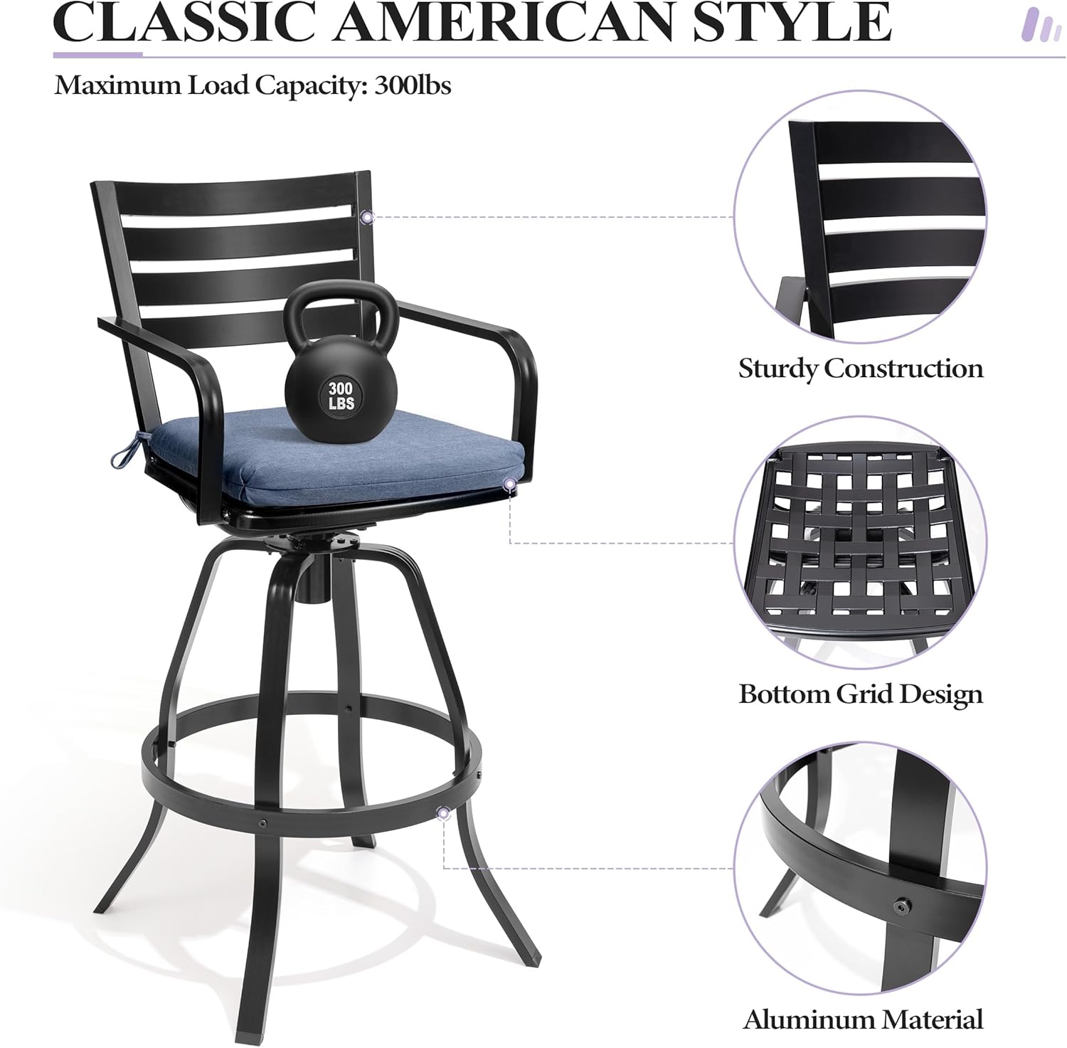 Crestlive Products Heavy Duty Cast Aluminum Outdoor Swivel Bar Stools with Sunbrella Cushion, Patio Bar Height Chair Set of 2, All Weather Black Finish for Outside, Commercial Grade(Spectrum Denim)