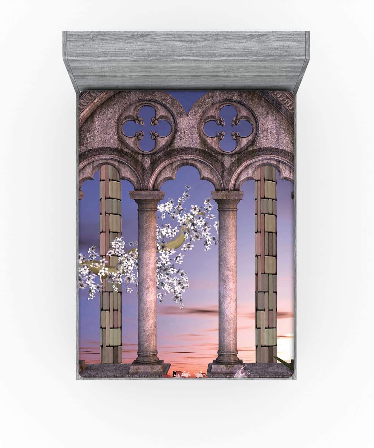 Ambesonne Gothic Fitted Sheet, Colonnade in Secret Garden with Flowers at Sunset Enchanted Forest, Bed Cover with All-Round Elastic Deep Pocket for Comfort, Queen Size, Lilac Grey Blue