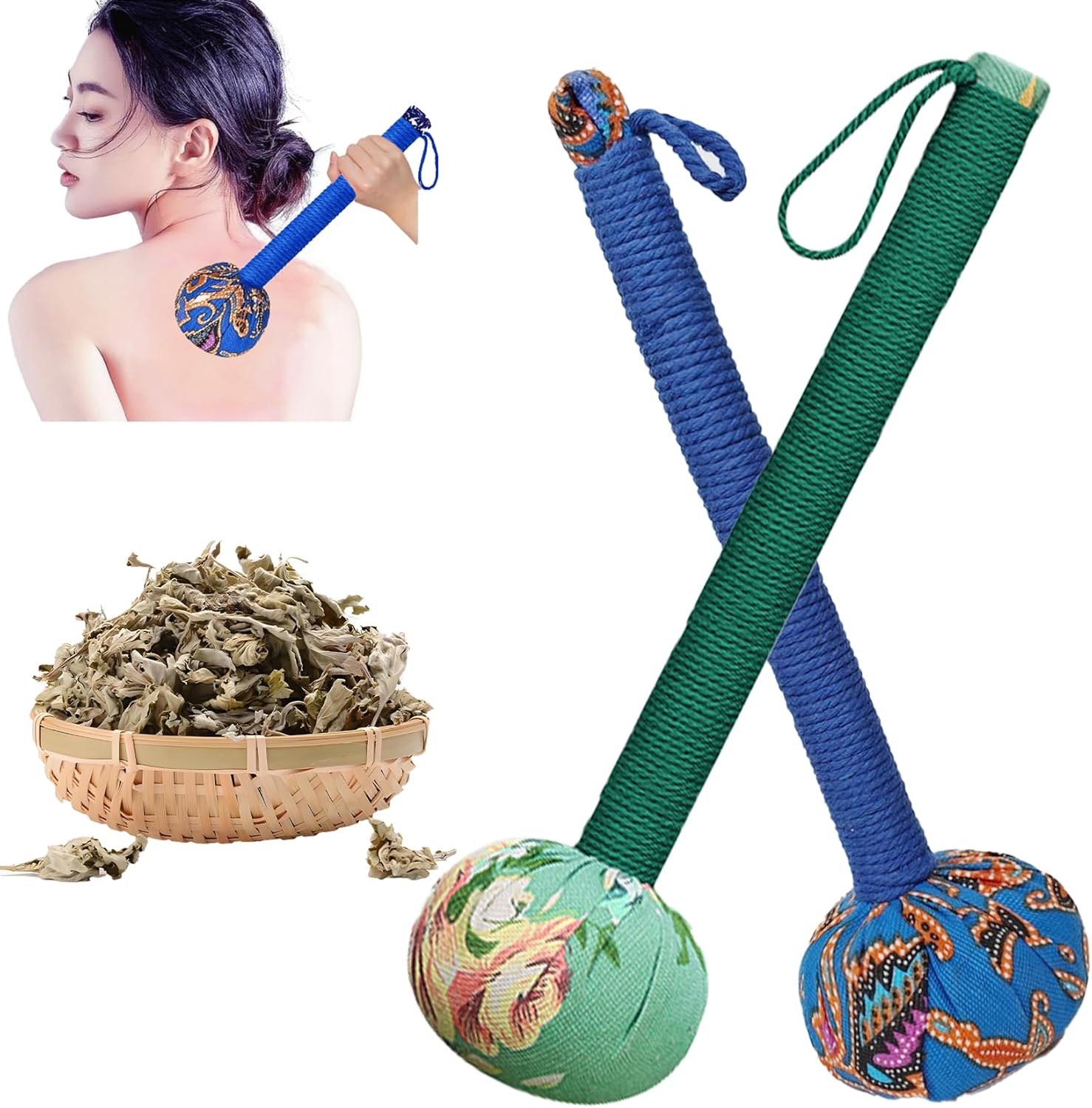 Mugwort Massage Hammer, Handheld Percussion Manual Massage Tool for Back, Shoulder & Body - Therapy Tool with US Design Patent (Bamboo Leaf Purple/Auspicious Cloud Pink)