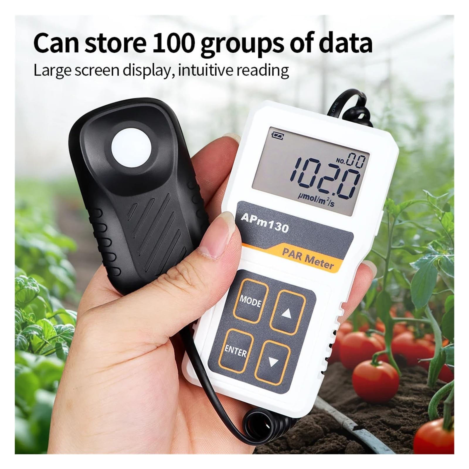 Medidor PAR digital APM130 con sensor impermeable PPFD 400-700 nm | Probador de luz de registro de datos de plantas de radiación fotosintética