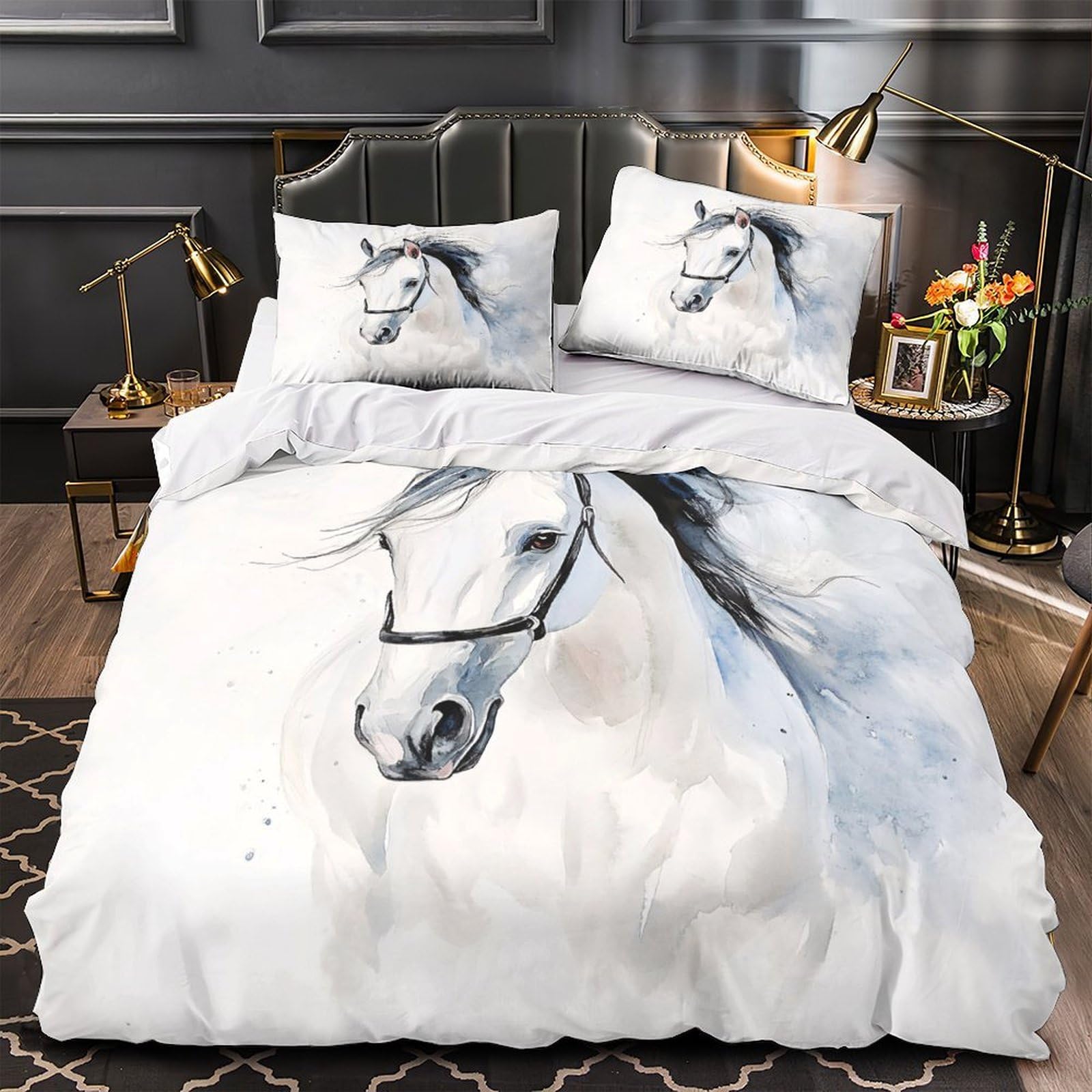 Housse de couette cheval blanc aquarelle pour une chambre nature et cocooning