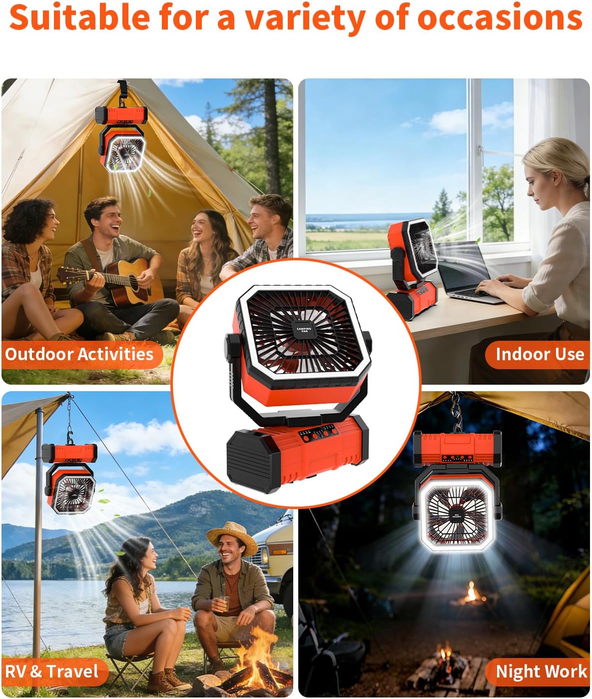 20,000mAh Portable Camping Fan With Light,Rechargeable Battery-Operated Oscillating Camp Tent Fan with Remote Control, 4 Speeds, LED Lights, and 360° Rotating Hook for Outdoor and RV Travel Orange