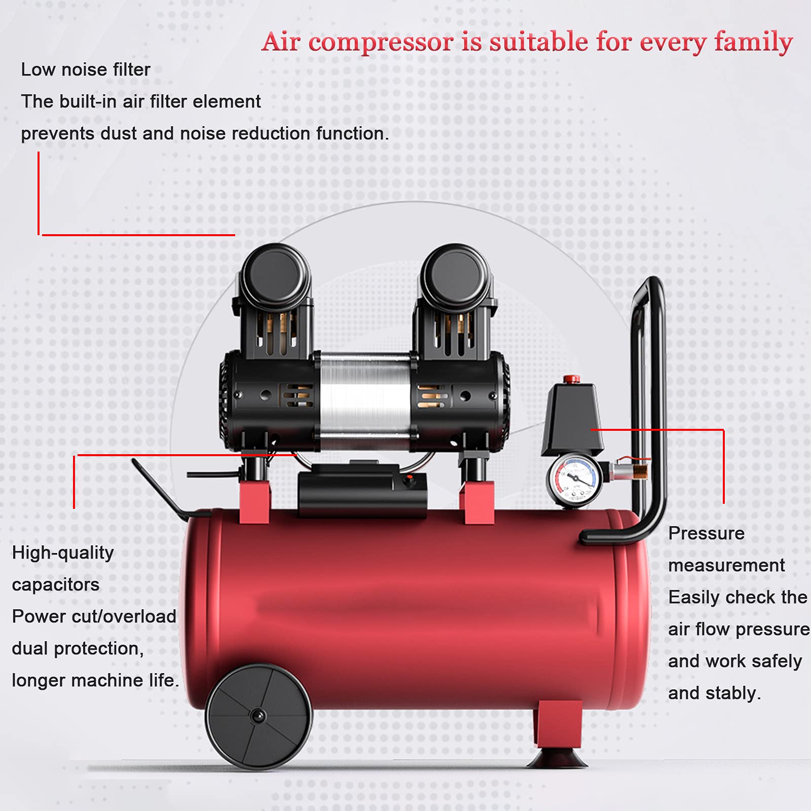 Compresor de aire sin aceite 30L portátil silencioso (40dB) 1000/1300W 220V bomba de aire para odontología, pintura en aerosol, herramientas neumáticas de taller