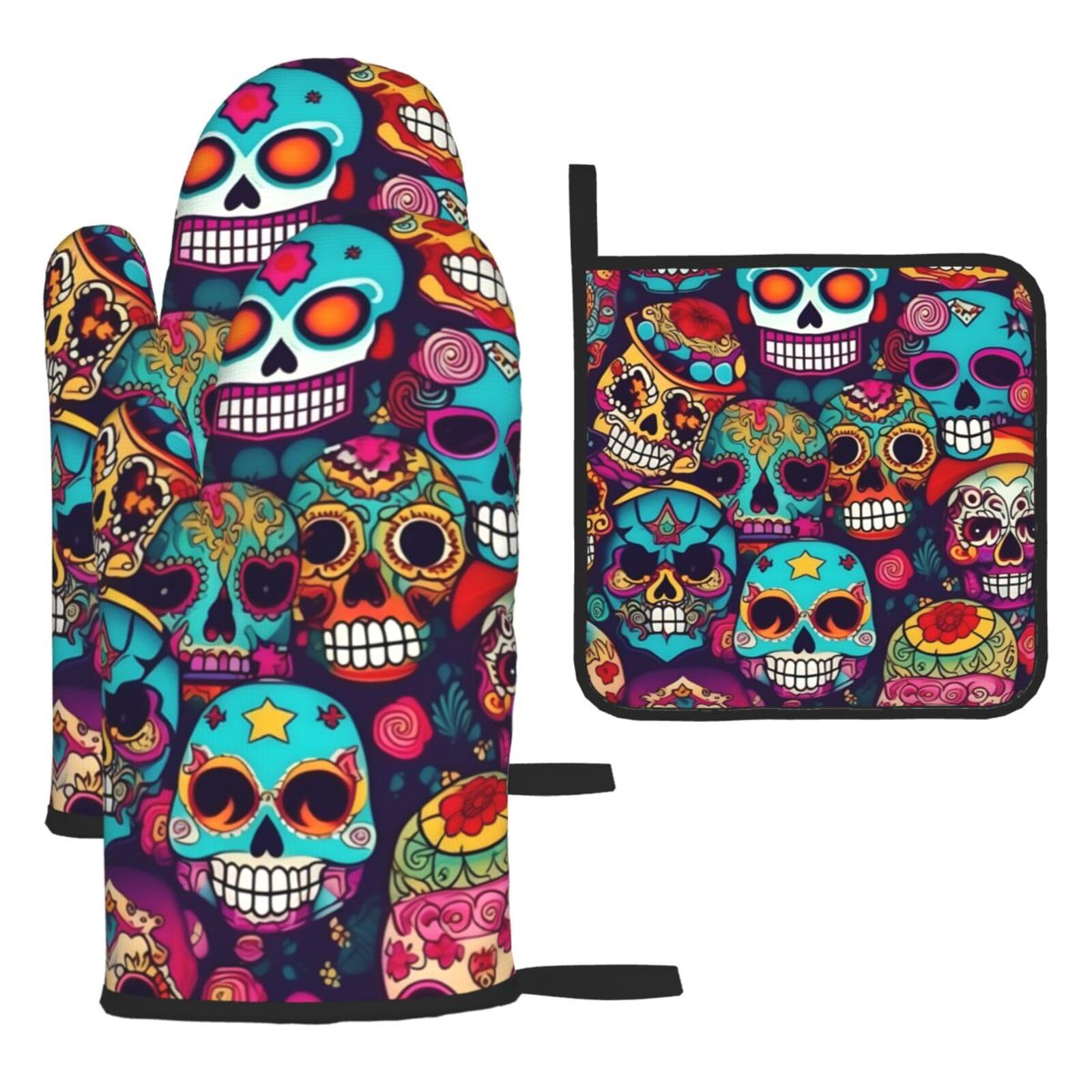 Yyoretp Black Sugar Skulls Print Oven Mitts And Potholders Bbq Gloves-Oven Mitts And Pot Holders For Cooking Baking