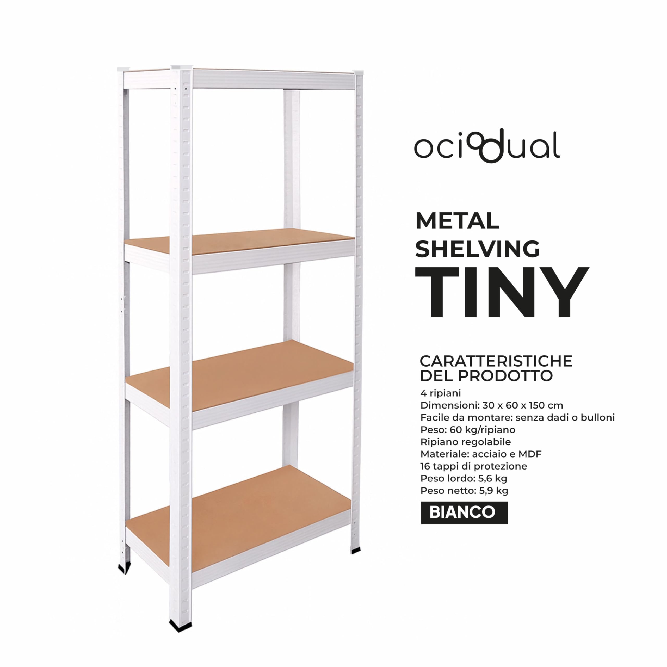 OcioDual Scaffali in Metallo Bianco Tiny, Scaffale con Ripiani MDF, Scaffale Modulare, 150x60x30cm, Scaffali Metallici Componibili, Scaffalatura Metallo, Scaffalatura Garage, 240kg