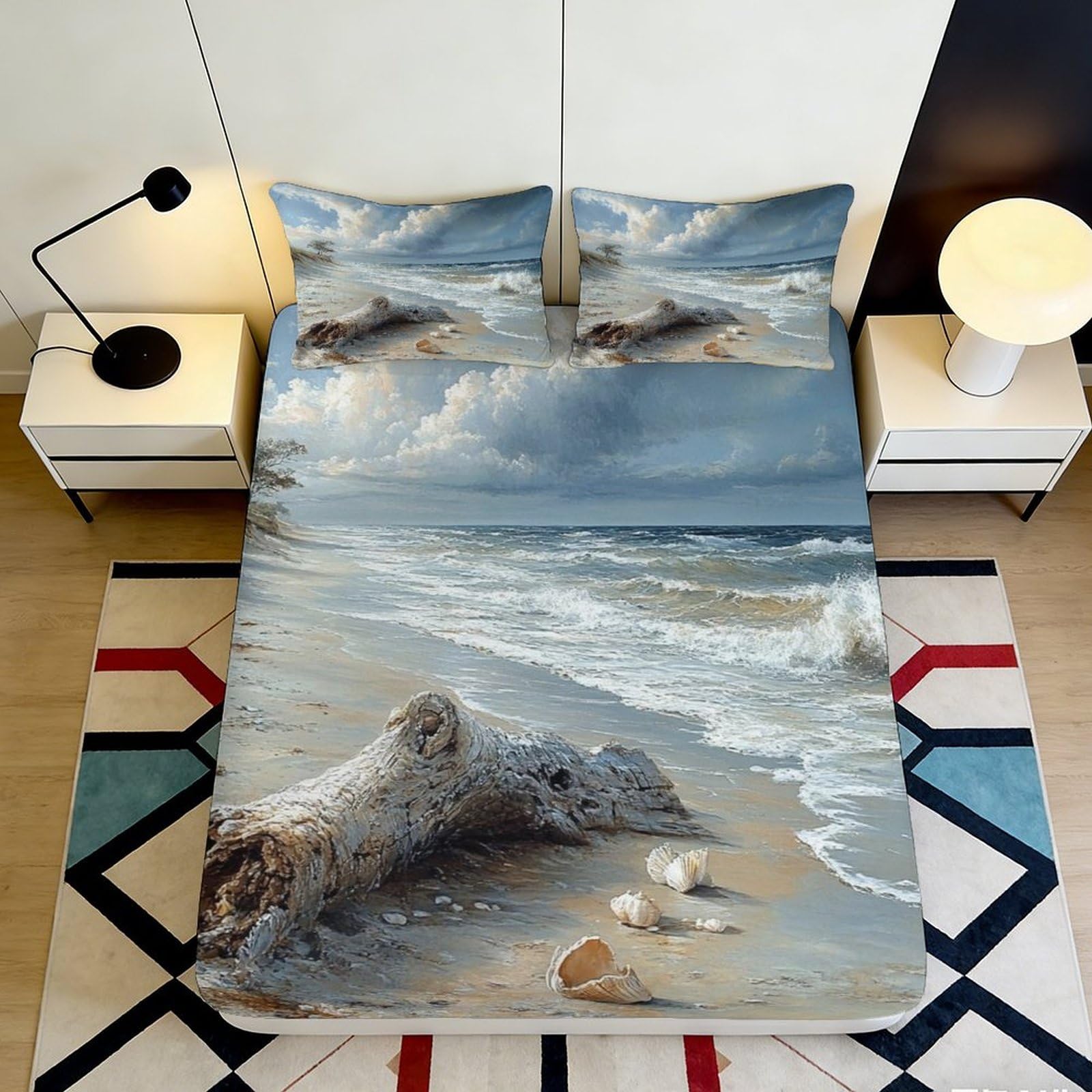 Pnayamiorkfel Style-8 3D Printed Beach Driftwood Fitted Sheet Microfiber Ocean Wave Shells Mattress Cover Bedroom Decor Easy Care 90X200x25cm
