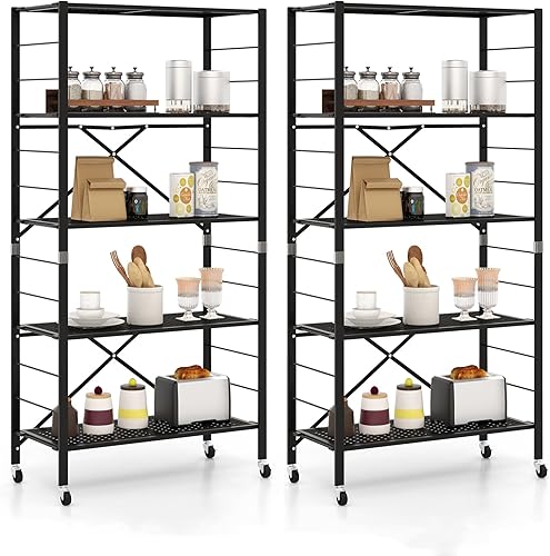 Miniatura 10 de Giantex Estantería plegable de 5 niveles con ruedas color negro, estantes de metal plegables de 60 pulgadas de alto para almacenamiento,