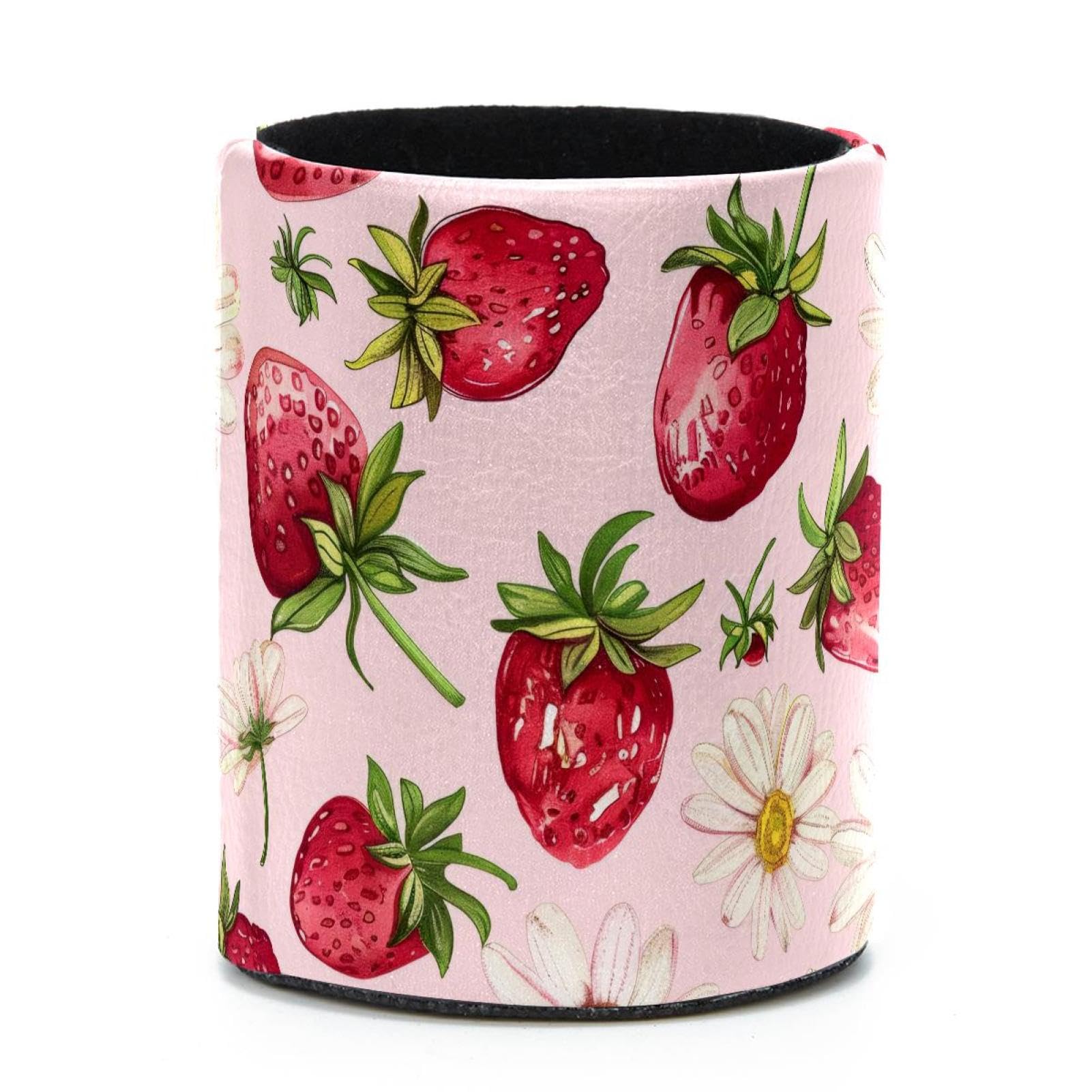 VAPOKF Round Pencil Holders for Desk, Strawberry Daisies Pen Holders Pen Pot Makeup Brushes Storage Desktop Stationery Supplies Organiser for Home Office
