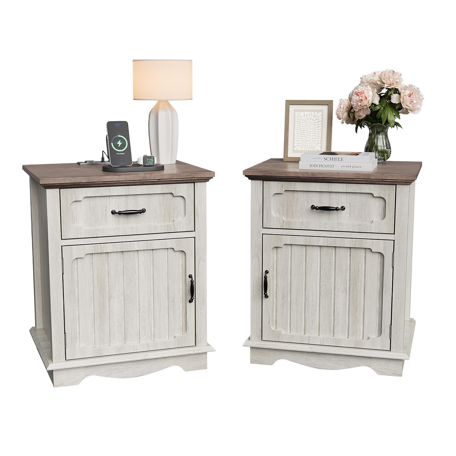 Halitaa Nightstands Set of 2 with Charging Station, Bedside Table with Large Drawer, White Side Table with Storage Cabinet and Adjustable Shelf,