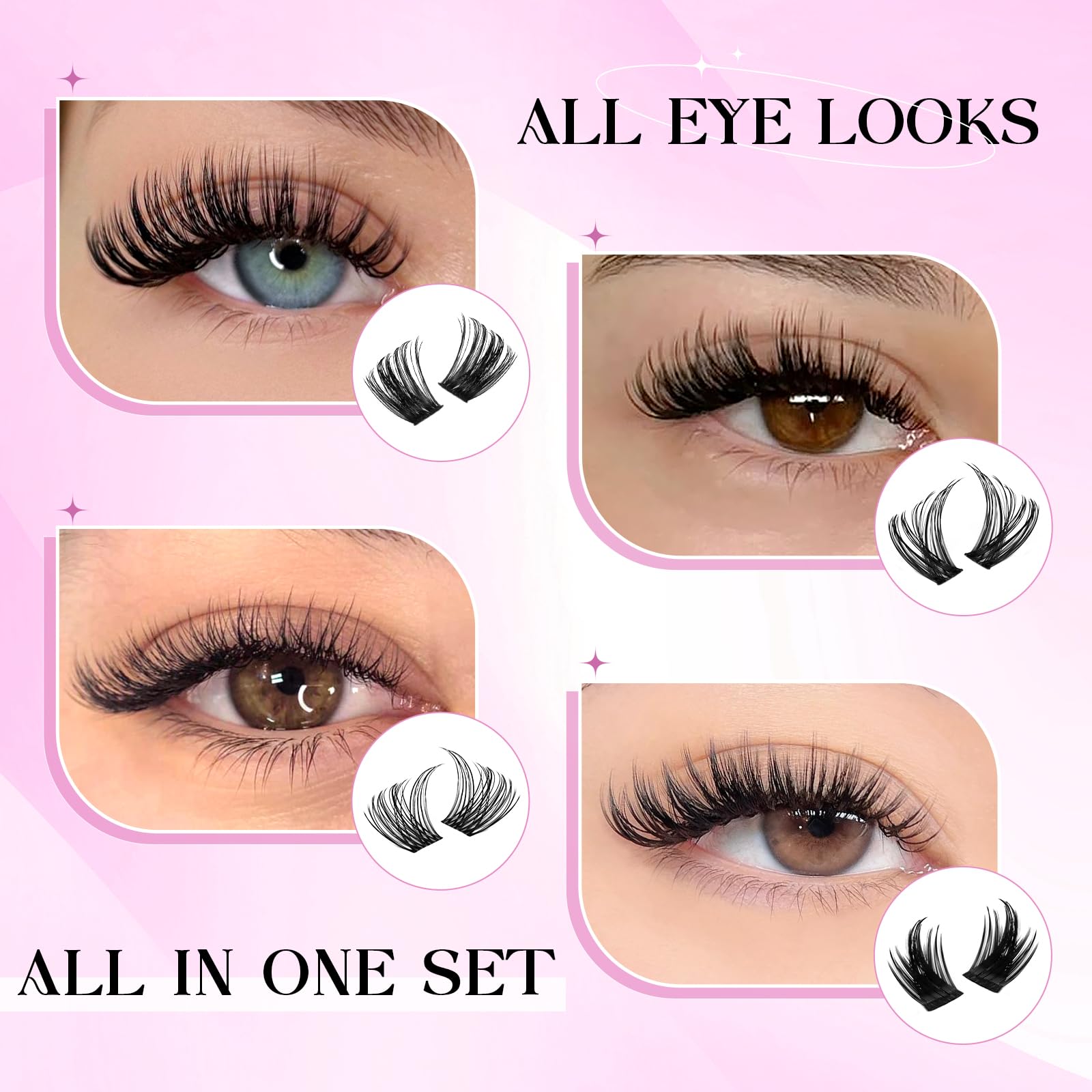 INPING Sztuczne rzęsy, 4 MIX objętość Wispy rzęsy do włosów, 8-16mm | 230 szt., przedłużanie rzęs C Curl, Lash Bond i uszczelka, pęseta, klaster Lash dla początkujących DIY w domu