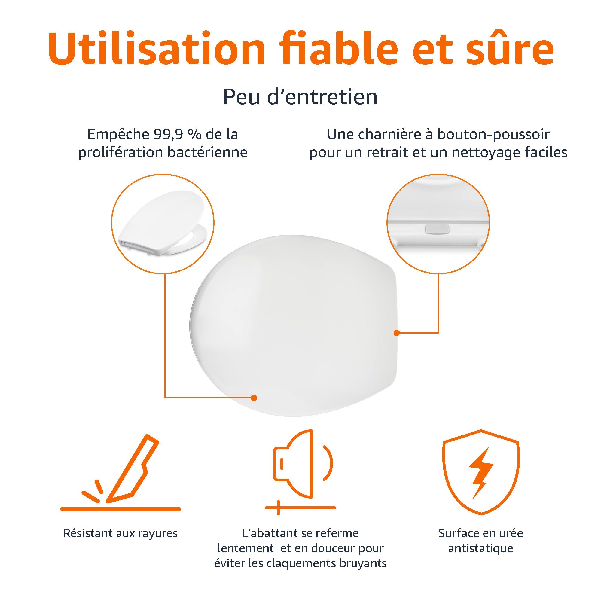 Amazon Basics Abattant WC très résistant à fermeture douce et libération rapide Taille universelle, Rectangulaire, Blanc, 42.5 x 37 cm (L x W)