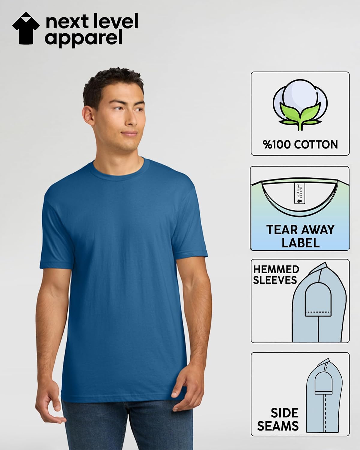 Next Level Apparel 3600 Men's T-Shirts - Soft Washed Cotton Premium Fitted Tee, Unisex Crew Undershirt, Custom Color Set Pack