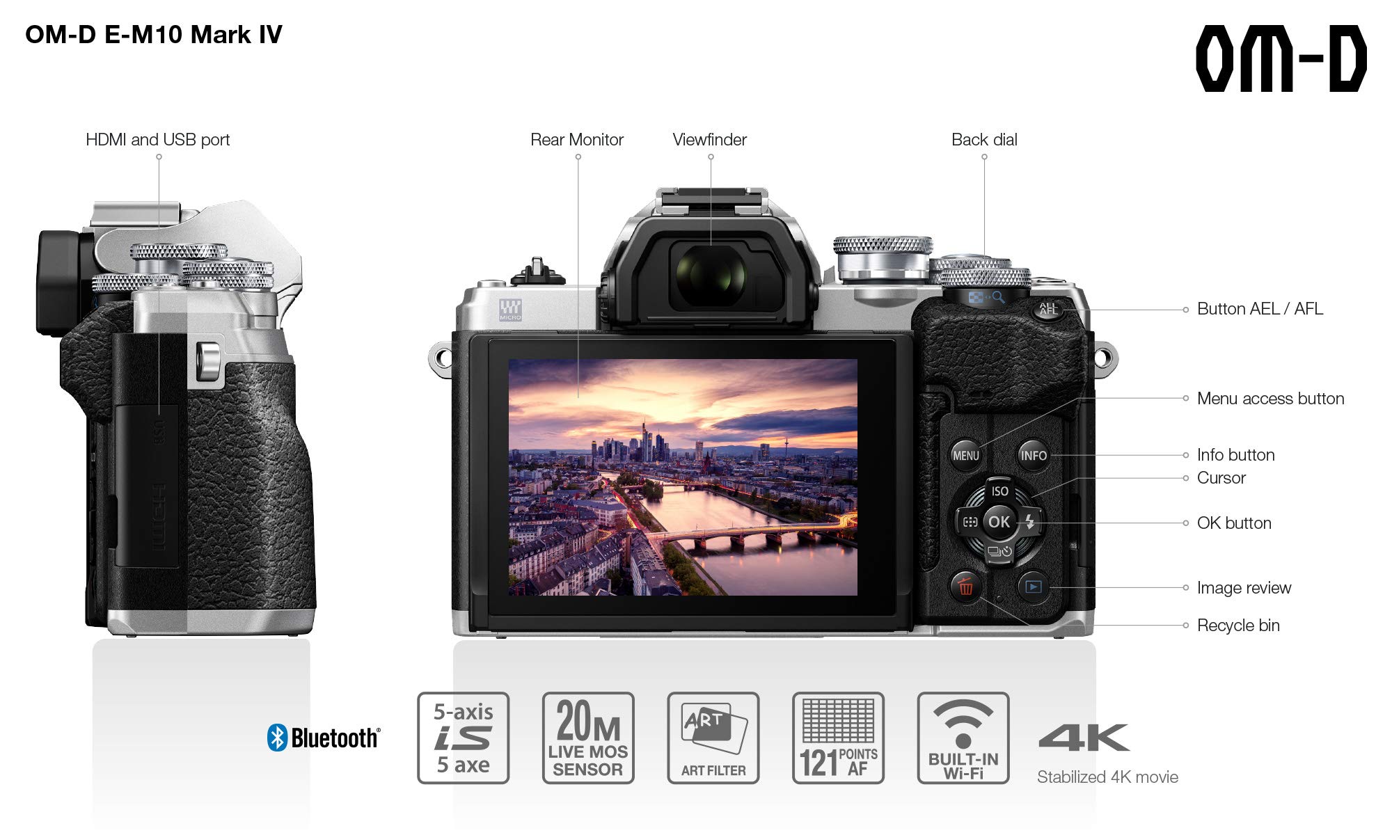 Cámara del Sistema Micro Four Thirds Olympus OM-D E-M10 Mark IV, Sensor de 20 Mpx, estabilizador de Imagen en 5 Ejes, Visor electrónico, vídeo 4K, Potente Enfoque automático, Wi-Fi, Plata