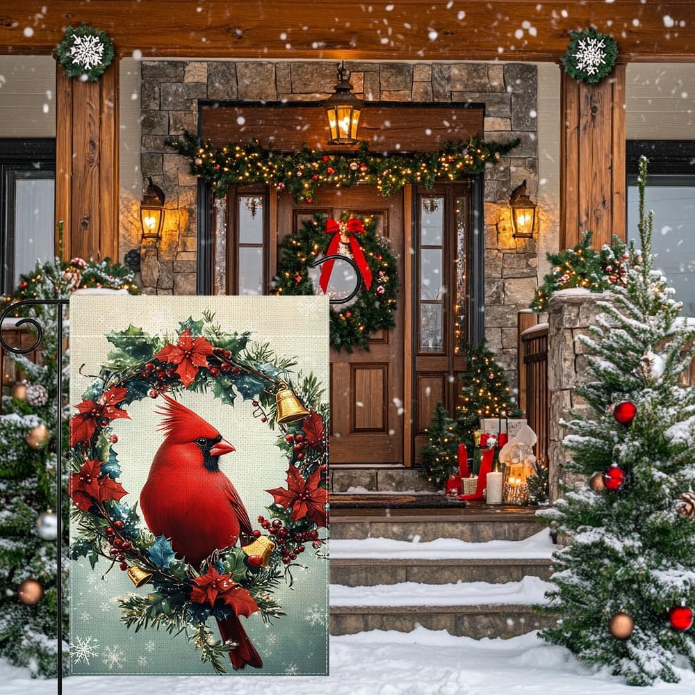 Winter Red Bird Snowflake Garden Flag 12x18 Inch Double Sided Cardinal Christmas Bell Yard Outdoor Flag House Holiday Outside Decoration - Image 2