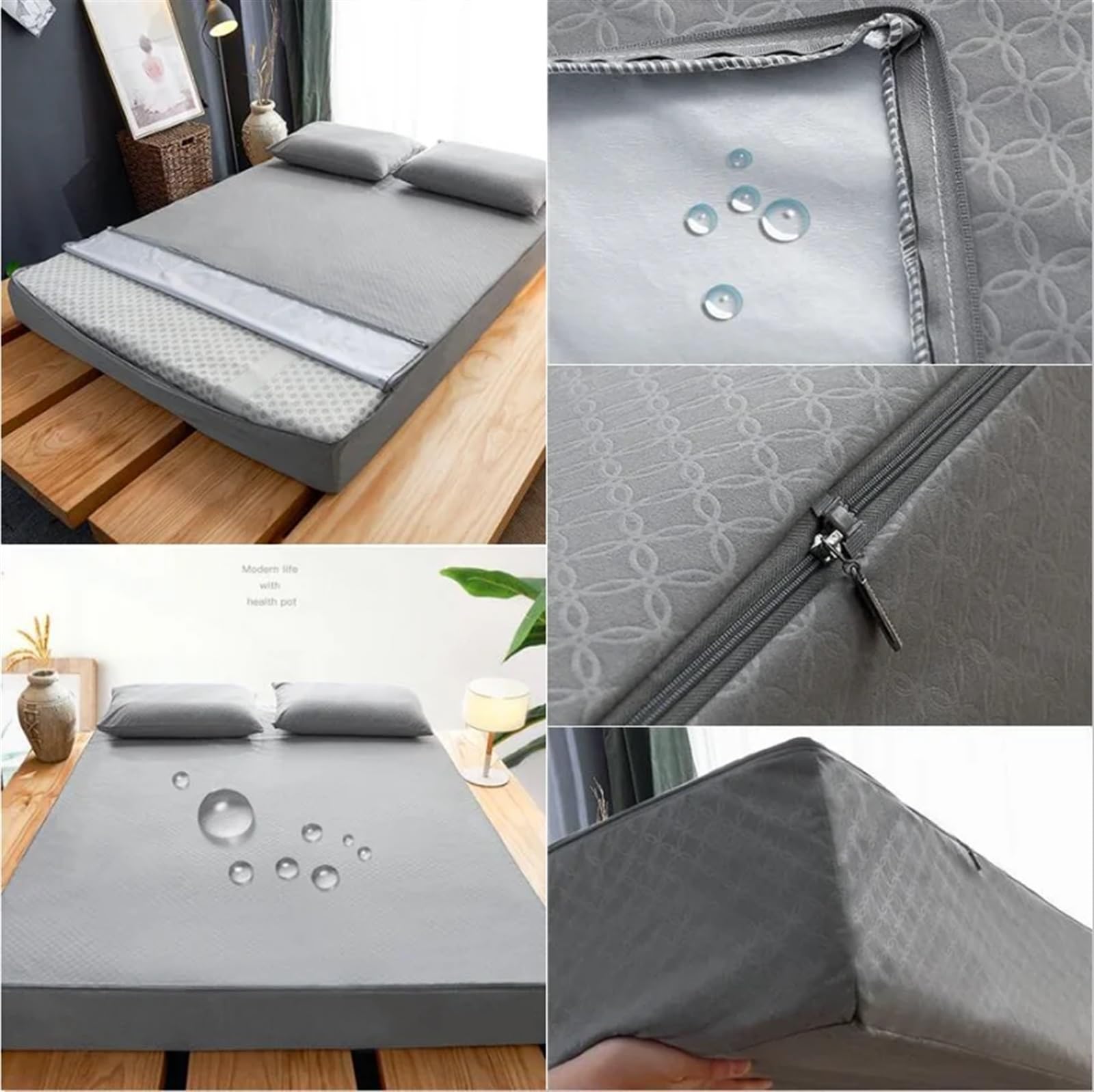 Housse De Matelas Imperméable 180x200 Cm - Lot De 3 Avec Taies - Antidérapant, Respirant, Facile à Laver (Gris Clair)