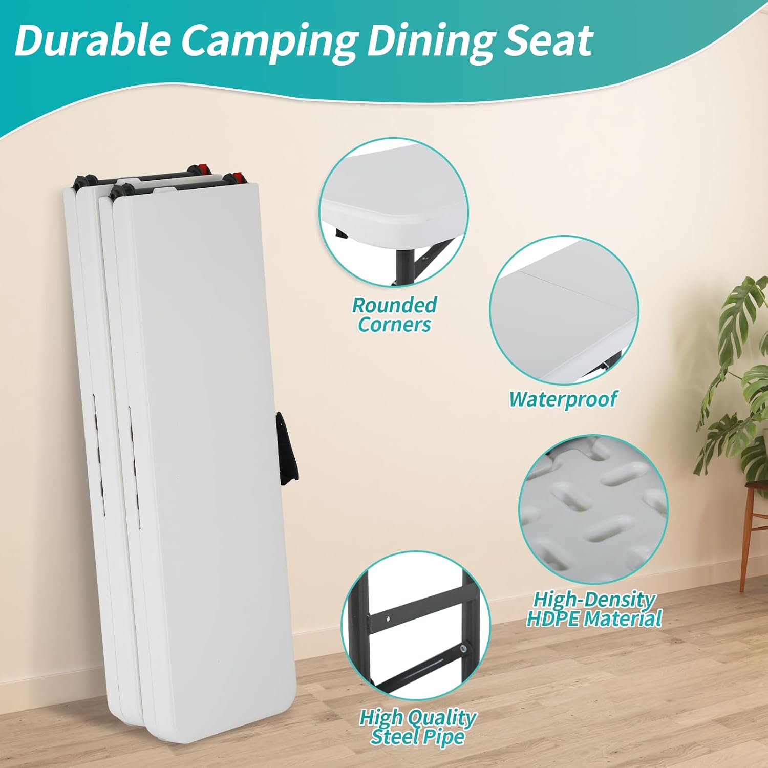 6 Feet Folding Bench Seat Plastic Portable with Metal Legs, Outdoor Rustic Practical Bench w/Handle & Lock, 3-4 People Sturdy Seat for Indoor/Outdoor Party Garden Camping Dining Picnic Use 2 Pack