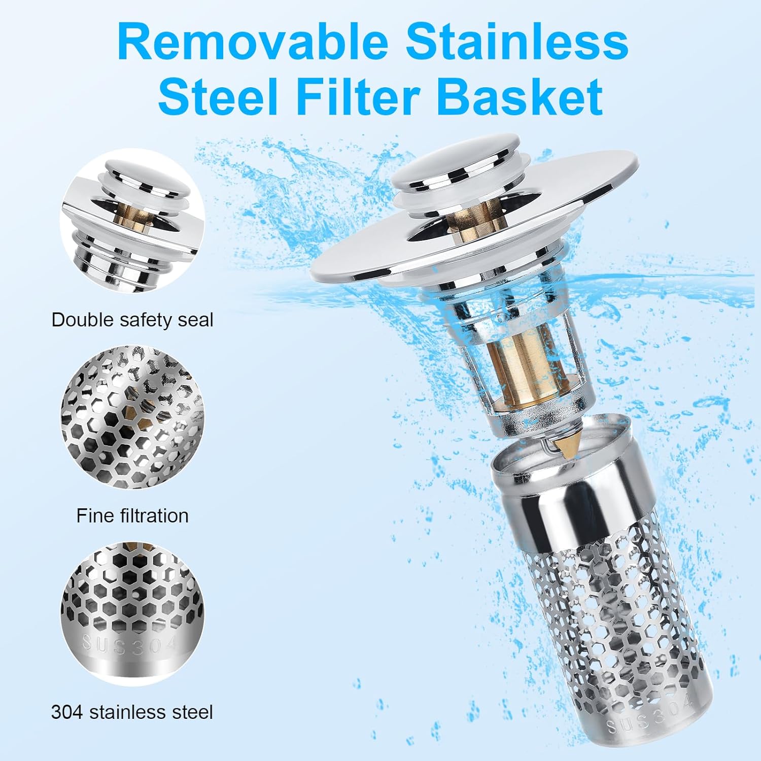 Adoric Bathroom Sink Stopper 2Pack, Sink Drain for Bathroom Pop Up Stopper with Removable Stainless Steel Filter Basket Hair Catcher for Standard 1.06"-1.50" Sink Basin Hole
