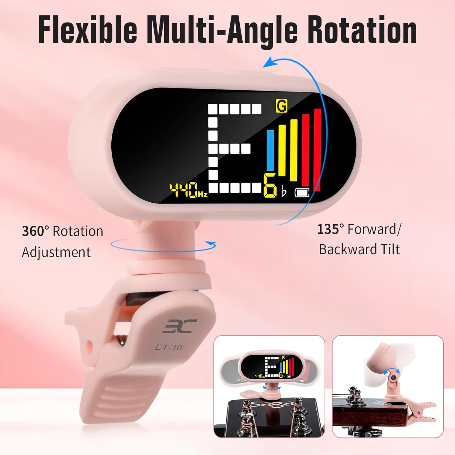 EX Professional Rechargeable Chromatic Clip-On Guitar Tuner — Fast, Ultra-Accurate Clip-On Tuner with Color LCD for Acoustic Guitar, Bass Guitar, Ukulele & Violin, Pink