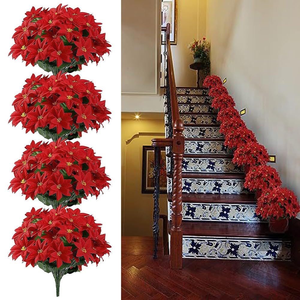 FACAIIO Juego de 4 flores rojas de Navidad de 36 cm, flor de Pascua artificial para interiores y exteriores, porche, jardín, decoración de vacaciones