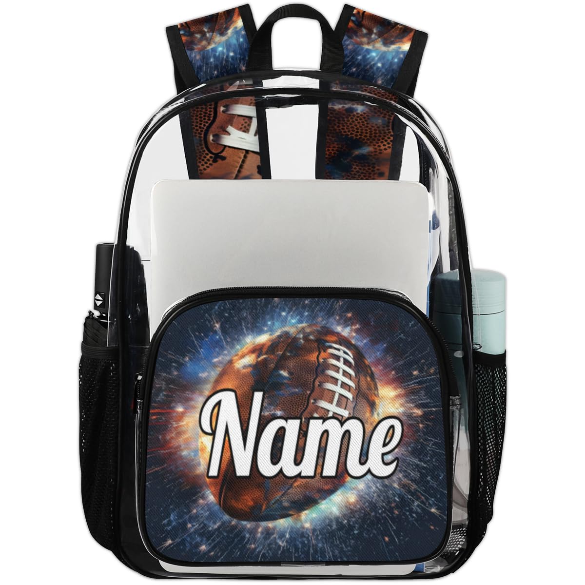 Skonsati American Footballs Personalized Clear Backpack Custom Name Clear Bookbag PVC Heavy Duty Transparent Backpacks Travel Bag