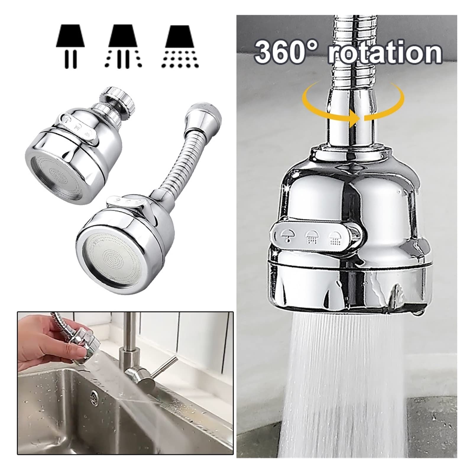 Attacco per spruzzatore per Rubinetto, aeratore per Rubinetto Rotante a 360°, spruzzatore per lavello, Testa del Rubinetto per lavello da Cucina Regolabile, Risparmio idr