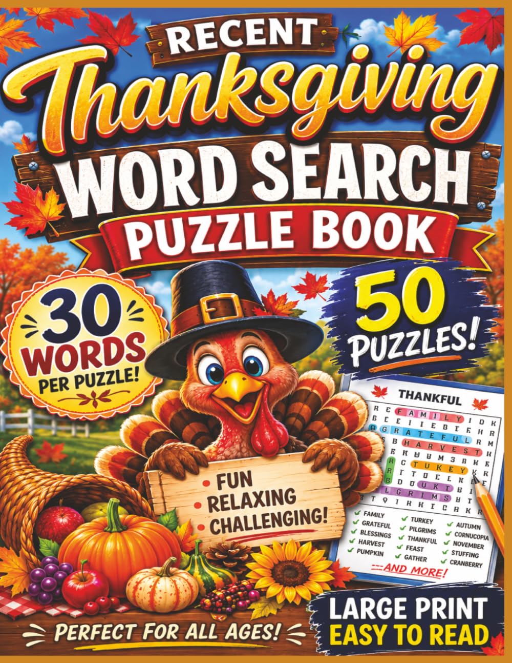 RECENT THANKSGIVING WORD SEARCH PUZZLE BOOK: 50 Large Print Puzzles • 30 Words Per Puzzle • 1,500 Thanksgiving-Themed Words | The Perfect Thanksgiving ... of Thanksgiving Word Search Puzzles