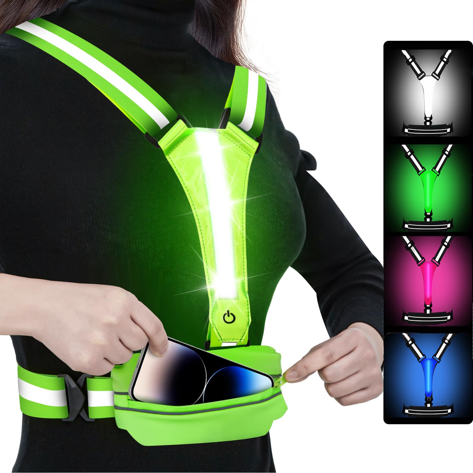 Upgraded LED Reflective Running Vest with Pouch - 4 Color Light-Up Vest with 3 Light Modes, Rechargeable Safety Gear for Night Cycling, Dog Walking & Jogging, Adjustable for Women, Men & Kids(Green)