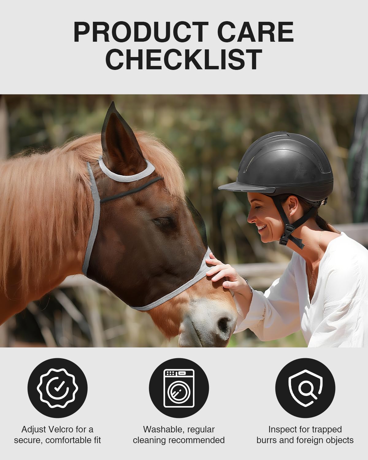 Hilltown Máscara de mosca ajustable para caballo con orejas, bloqueo UV, gran espacio para los ojos, transpirable, construida para durar, ajuste cómodo, máscara de mosca de caballo para estabilidad