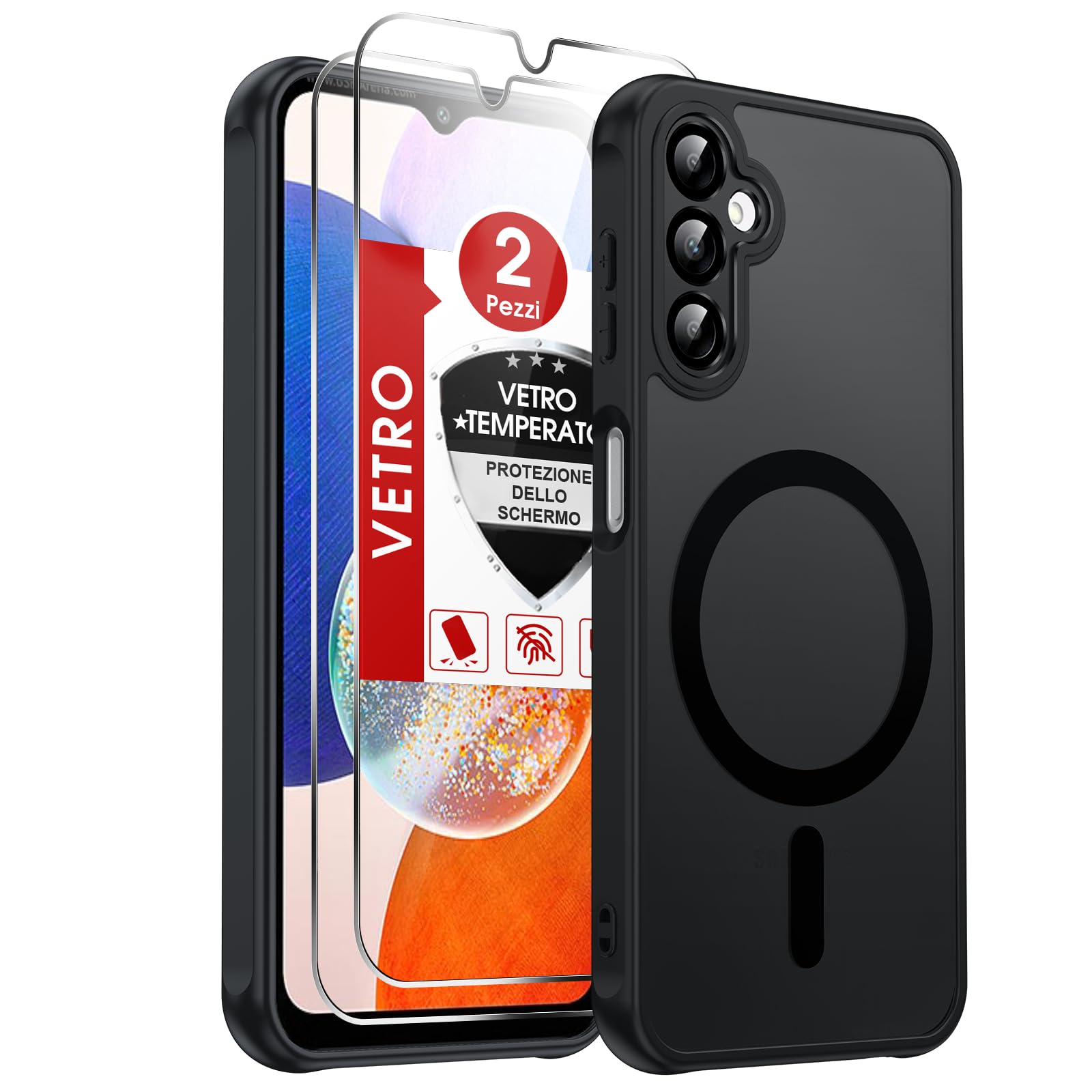 LeYi Cover Magnetica per Samsung Galaxy A14 5G con 2 Vetro Temperato(Nero) | Custodia per Samsung A 14 Traslucida Opaca Anti-Impronte Resistente ai Graffi Paraurti in TPU Antiurto Protettiva Case