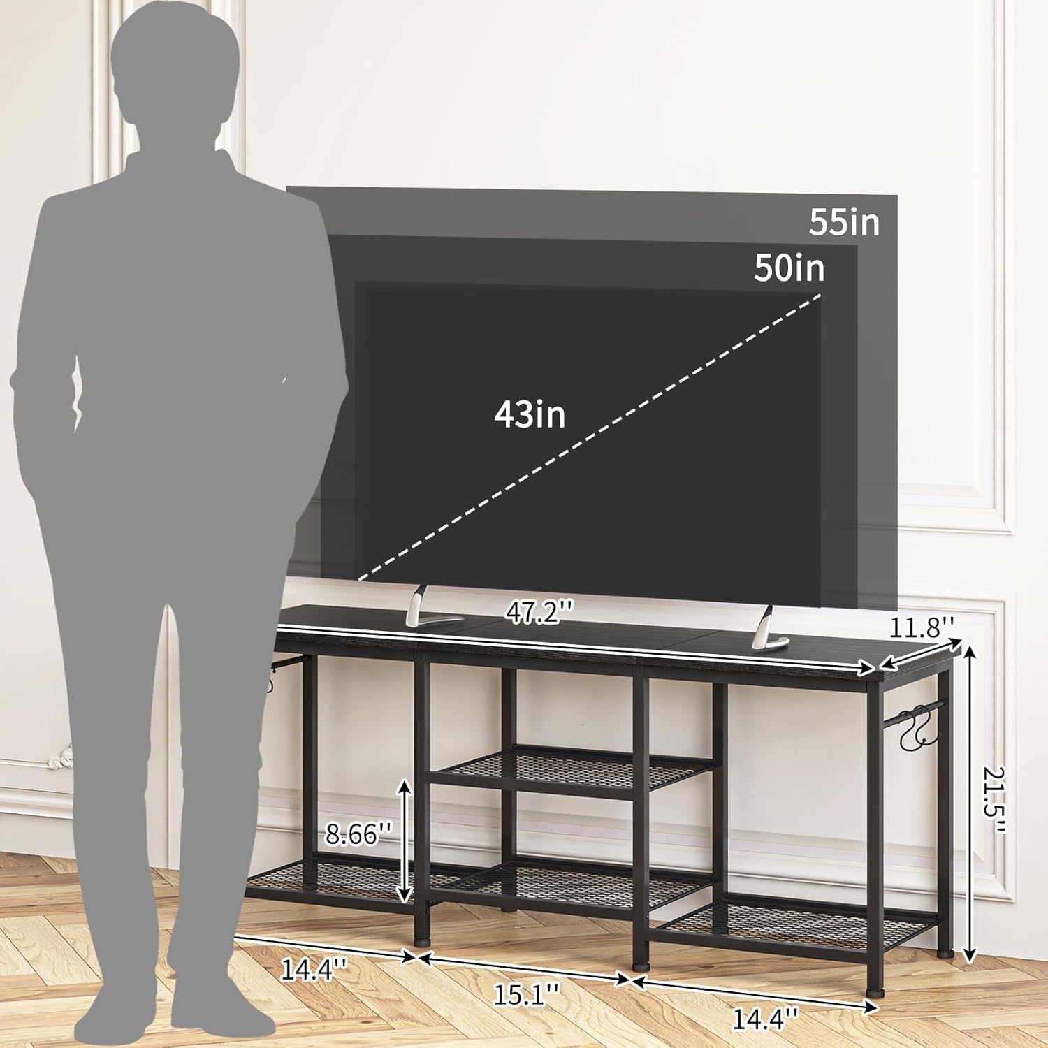 YGEOMER TV Stand for Living Room Entertainment Center for 55 inch TVs, TV Media Console Table Television Stands for Bedroom, Black