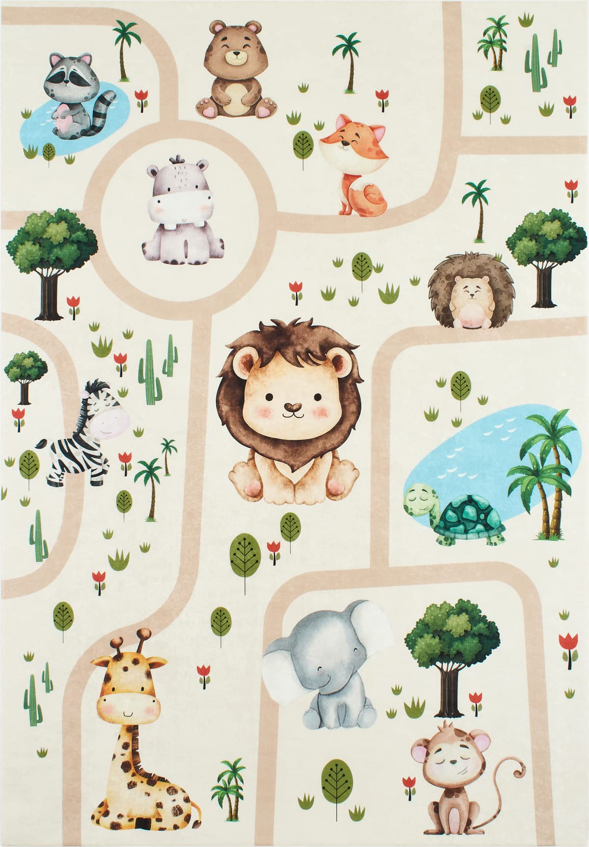 Nazar Tapis Chambre Enfant, Tapis Bébé, Tapis Enfant pour Fille et garçon à Motifs Dinosaure, Carte du Monde et Animaux (739 Beige, 80x150 cm)