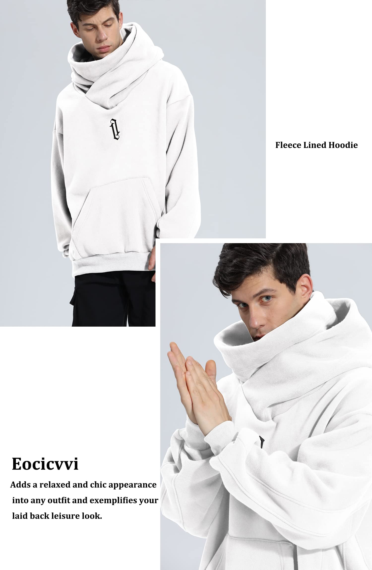 Eocicvvi Felpa Uomo con Cappuccio Collo Alto Pullover Hip Hop Stile Comoda Felpe Pile Hoodies Autunno Invernale Moda