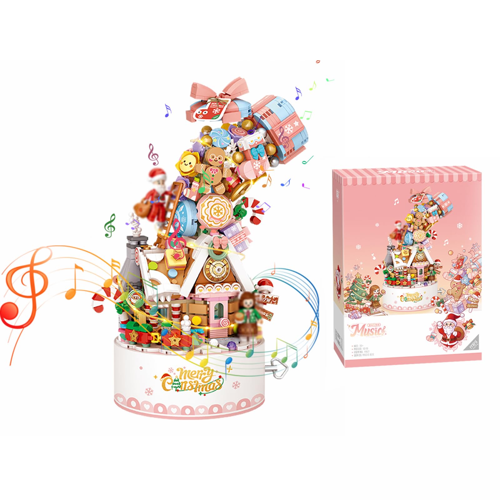 LOTOLO Falls Building Blocks Rotating Music Box Set,Candy Flower Bonsai Botanical Collection with Light,Home Decor (Christmas)