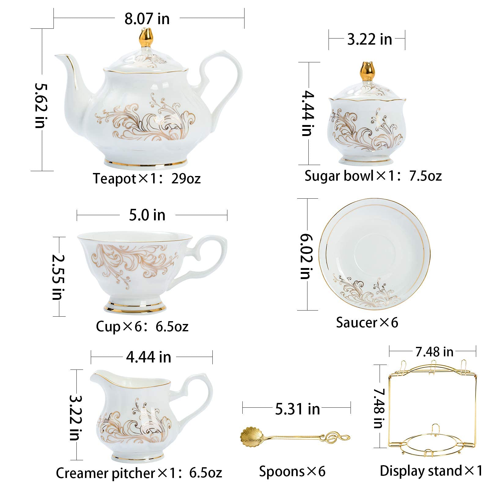 Daveinmic 22Pieces Porcelain Bone china Tea Sets,Gold Rim Coffee Set with Golden Metal Rack