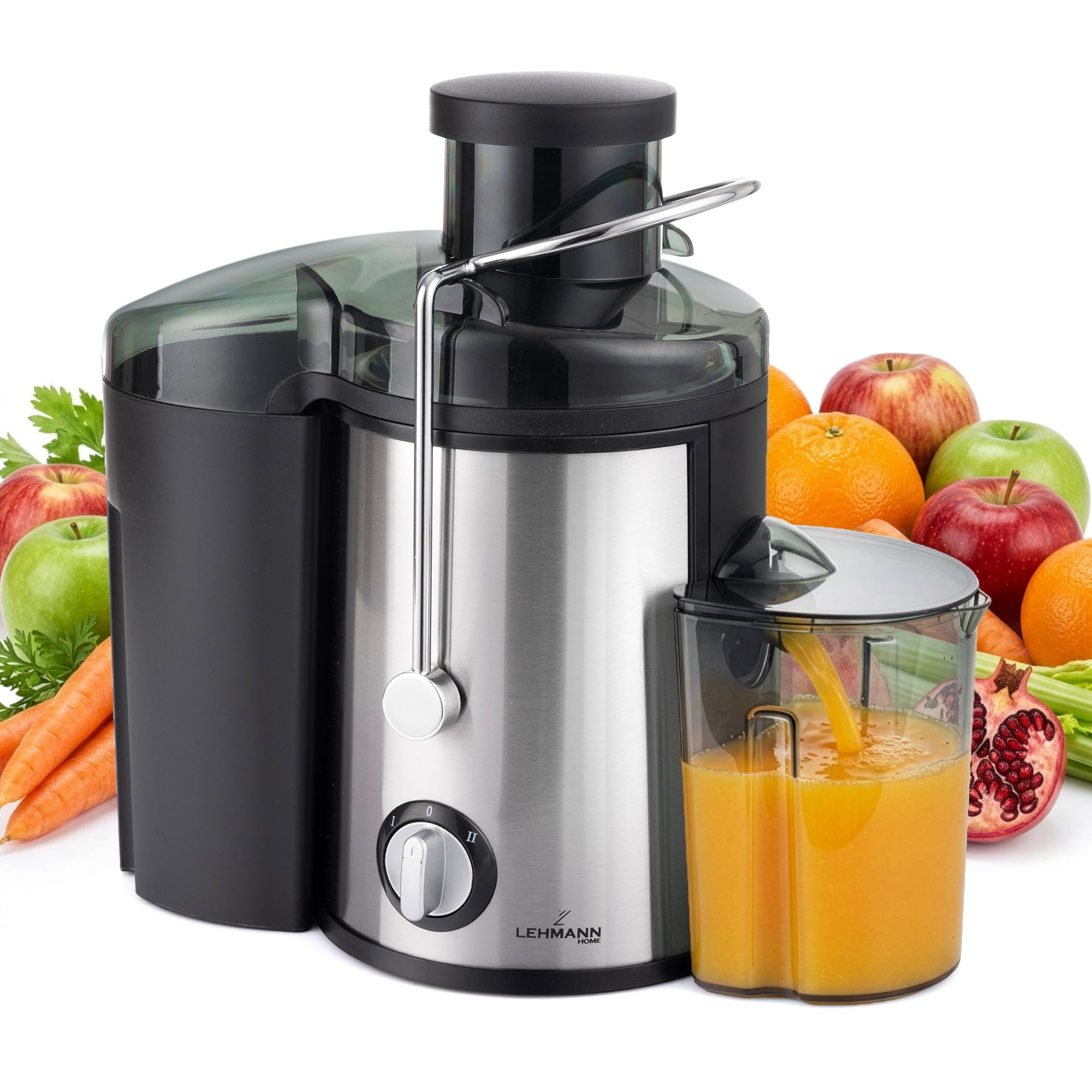 LEHMANN Centrifugeuse Extracteur de Jus, Préparation Rapide, Goulotte large de 75mm, Récipient à Pulpe 1,5L et Récipient à Jus 450ml, 2 Vitesses, Machine à Jus pour Légumes et Fruits