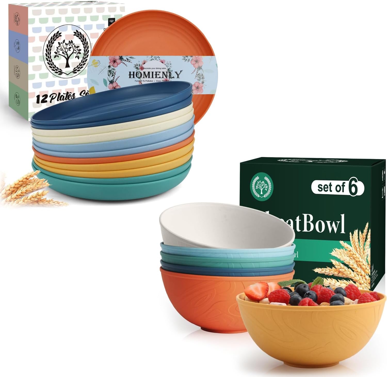 Homienly 18 PCS Premium Wheat Straw Dinnerware Sets, Reusable Plates and Bowls Sets for Kitchen, Lightweight and Unbreakable Dishwasher and Microwave Safe Dishes Set - Colorful